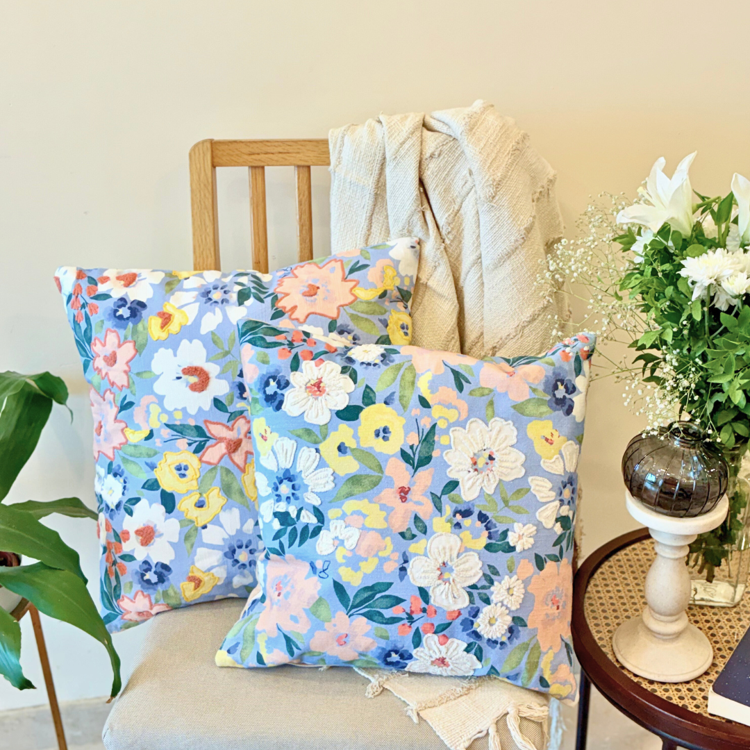Cannes Blue Floral Cushion Cover (18")
