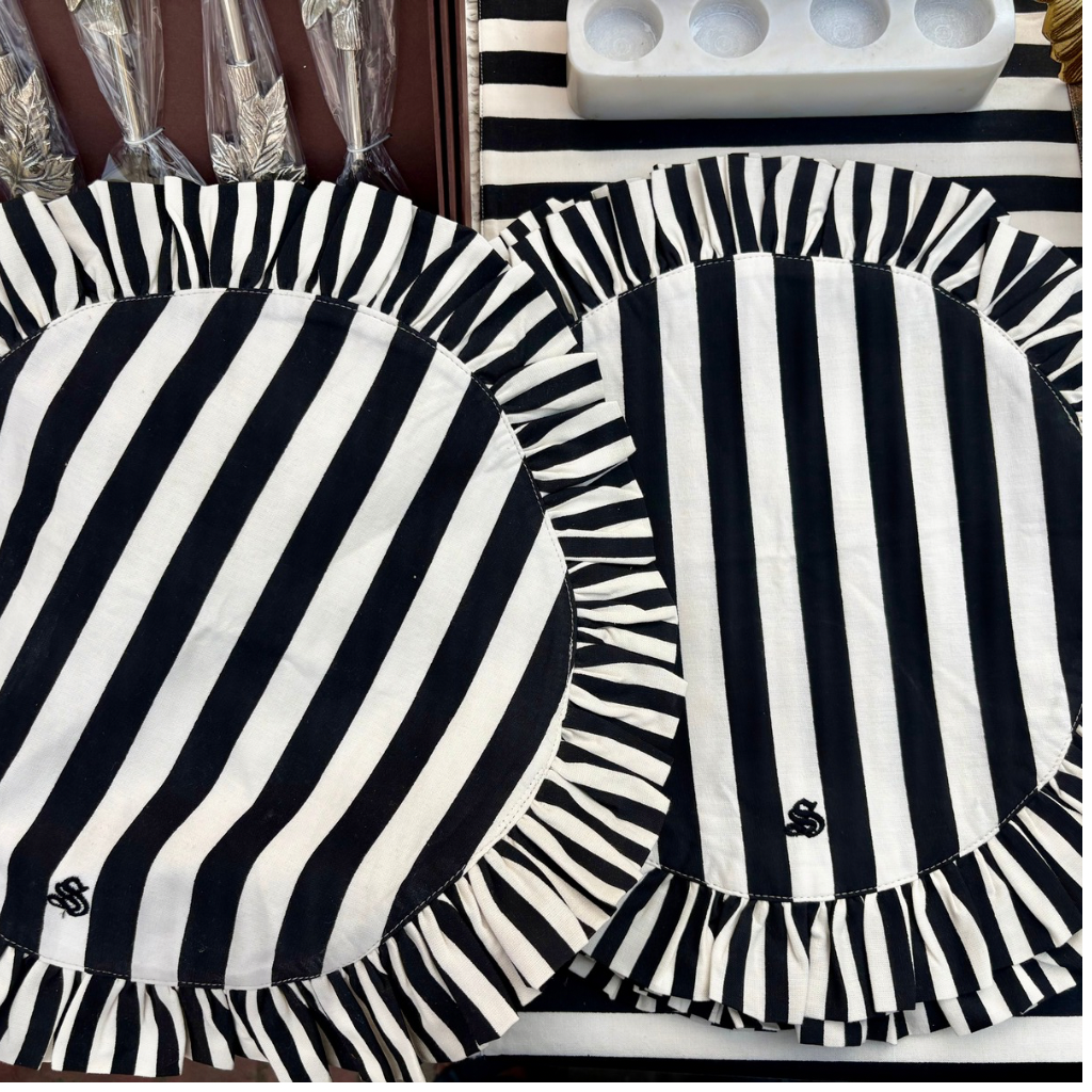 Black & White Striped Ruffle Placemats – Set of 2