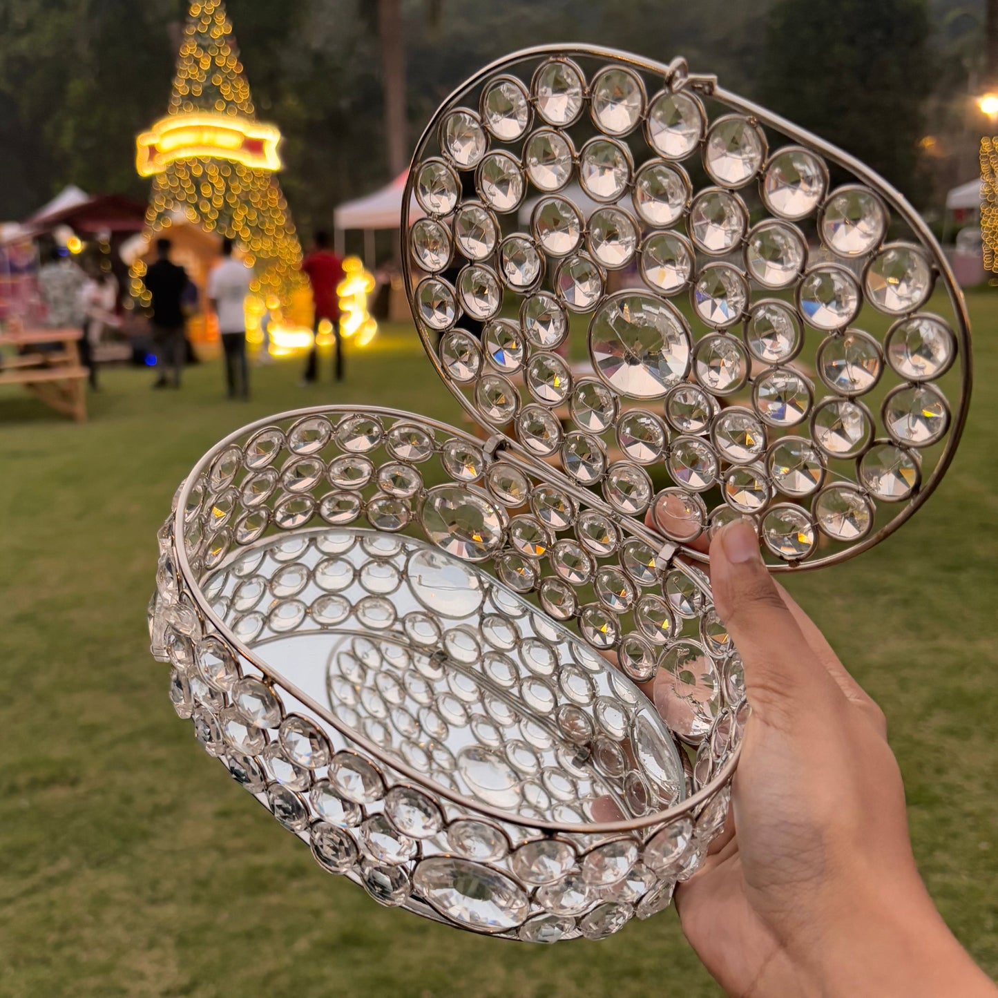 Silver Crystal Mirror Oval Box