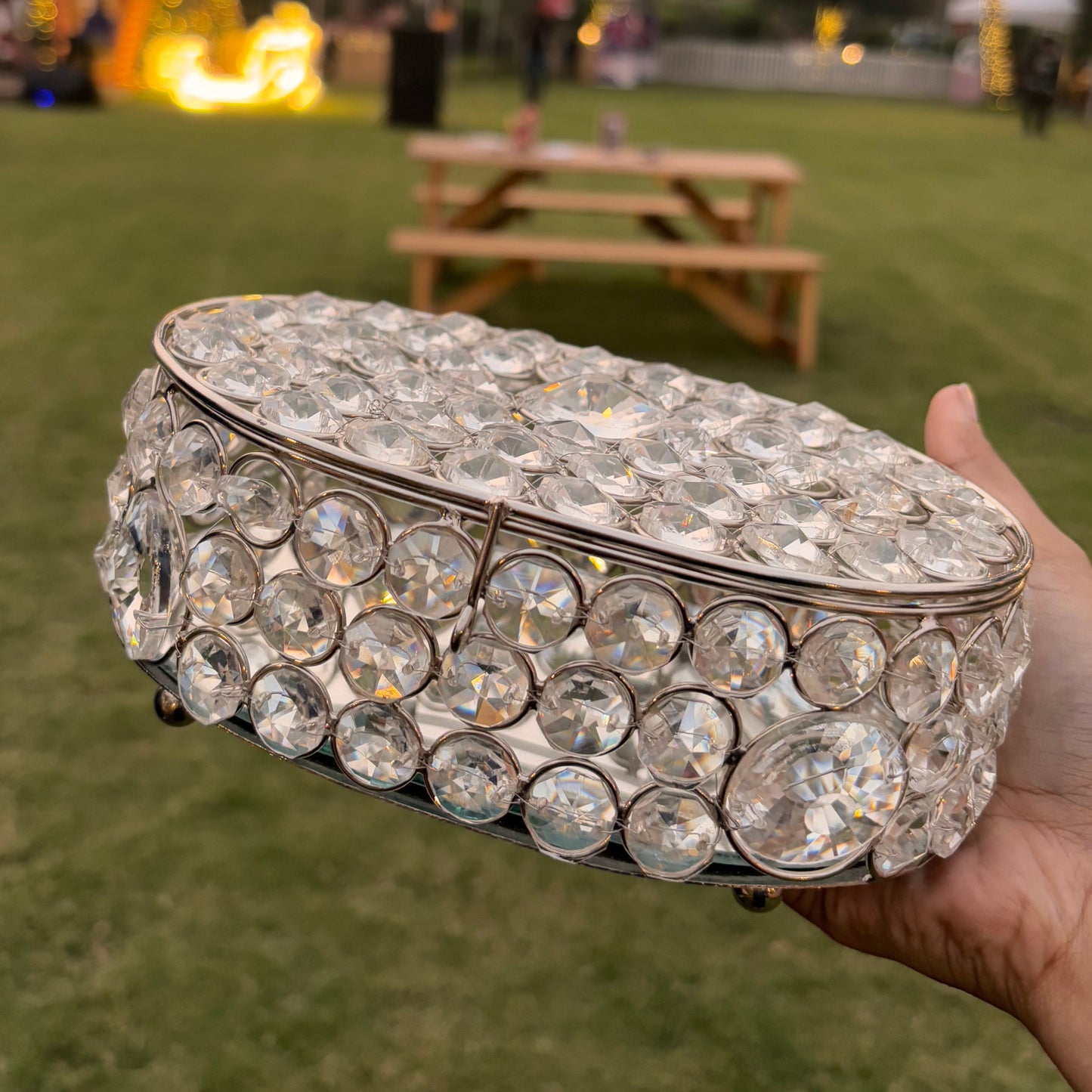 Silver Crystal Mirror Oval Box