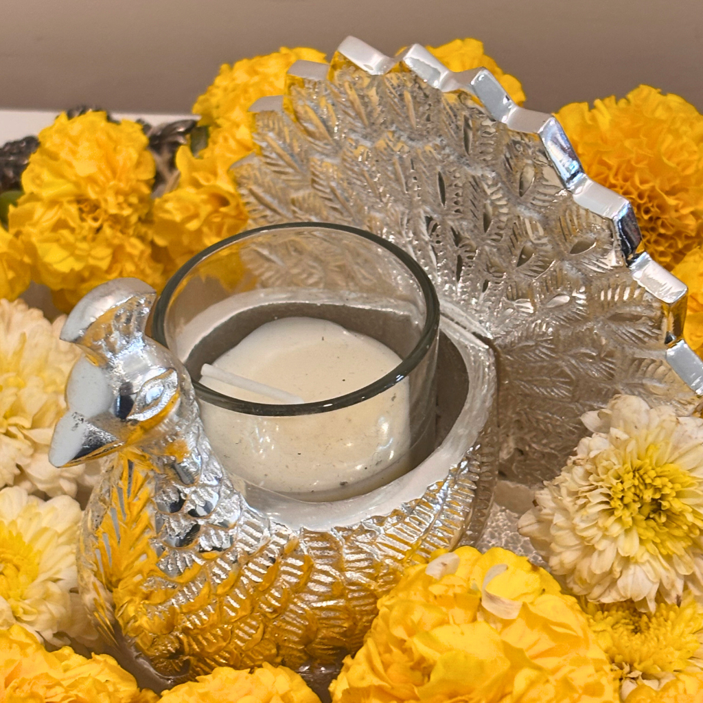 Silver Peacock Diya Gift Box