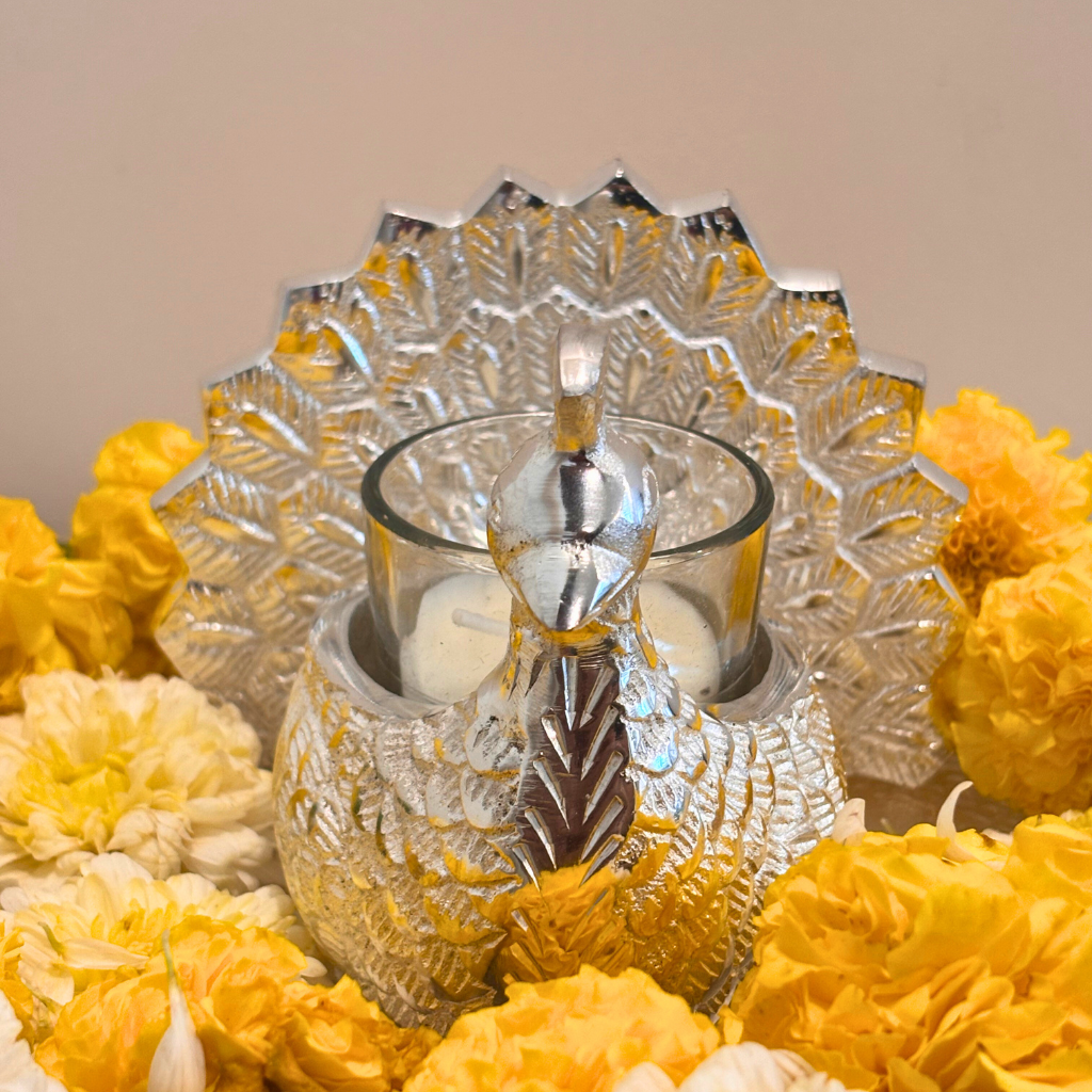 Silver Peacock Diya Gift Box