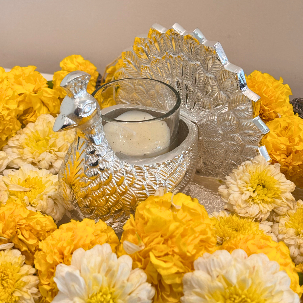 Silver Peacock Diya Gift Box