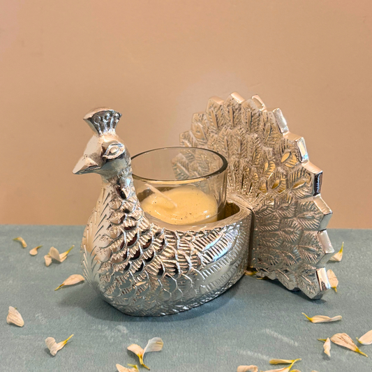 Silver Peacock Diya Gift Box