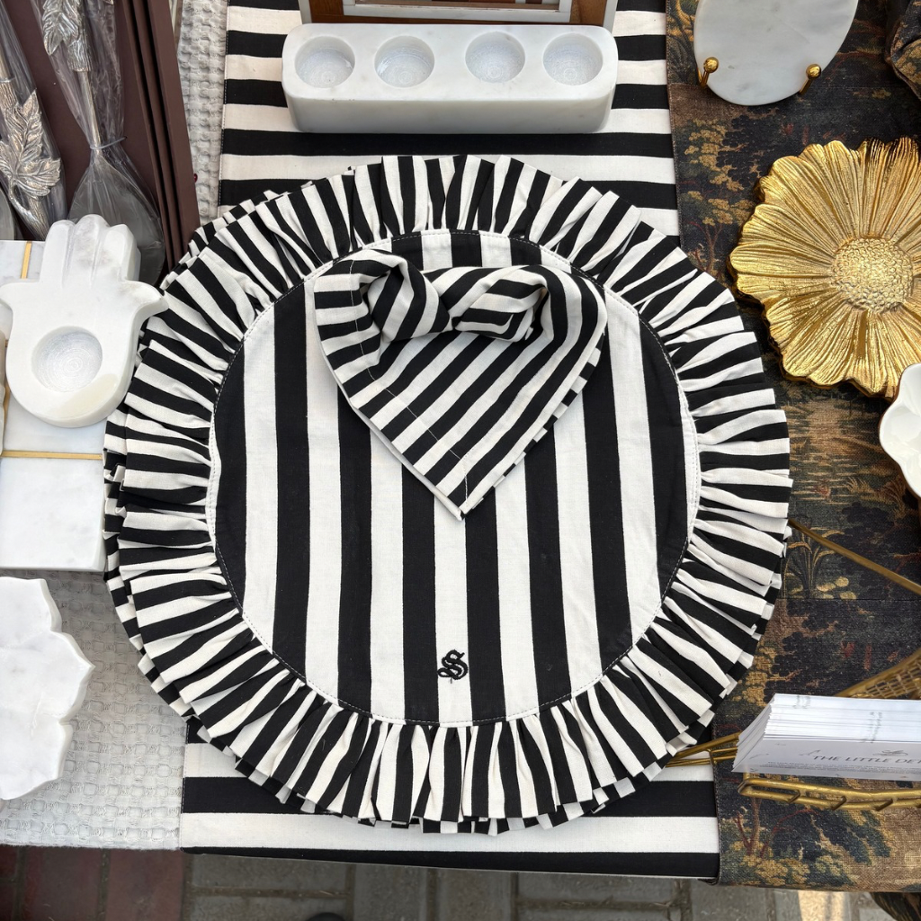 Black & White Striped Ruffle Placemats – Set of 2