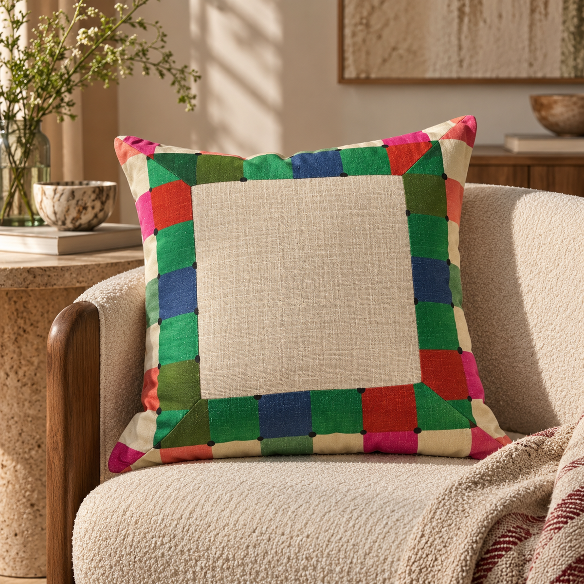 Maximalist Cream Checks Cushion Cover