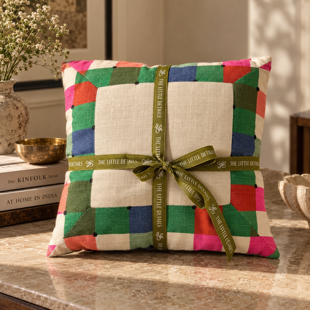 Maximalist Cream Checks Cushion Cover